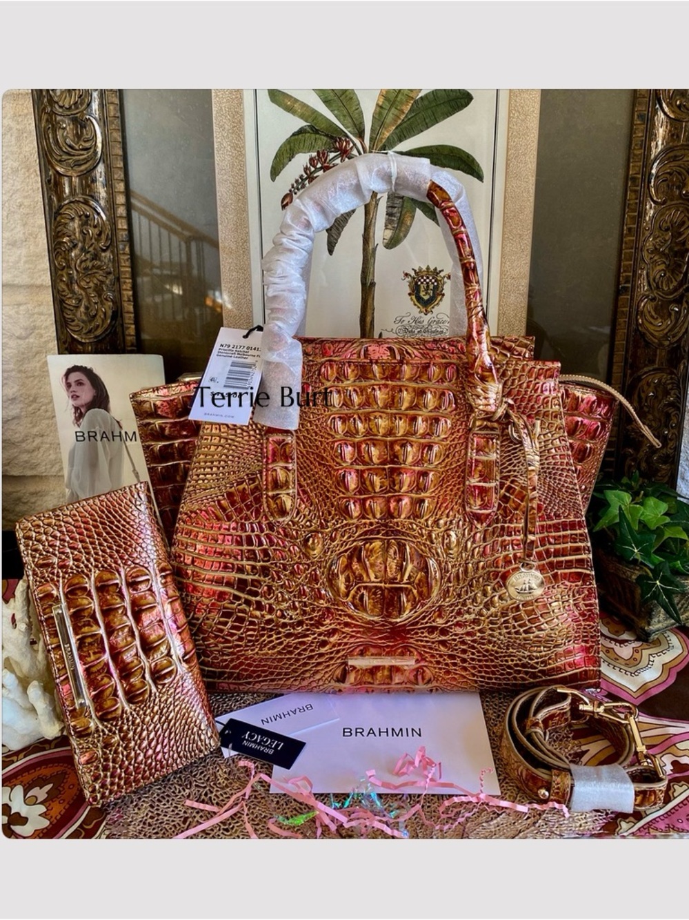 MESMERIZING PINK and COPPER STONECRAFT Brahmin PRISCILLA Satchel with Wallet